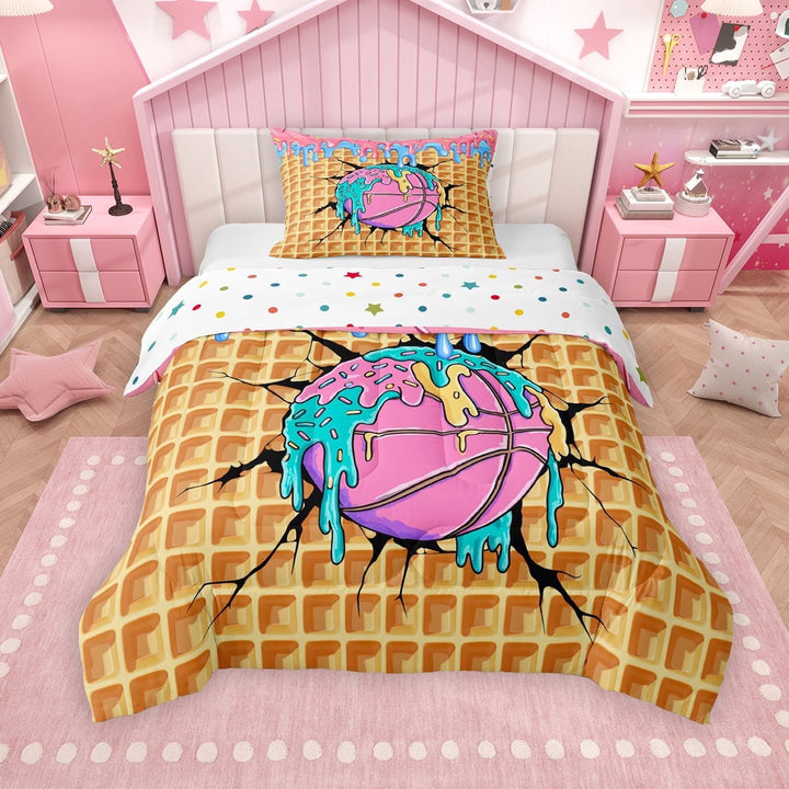 Erosebridal Basketball Sport Twin Comforter Sets for Kids Boys Girls, Ice Cream Drip Waffle Bedding Set, Colorful Polka Dots Reversible, 1 Comforter and 1 Pillowcase