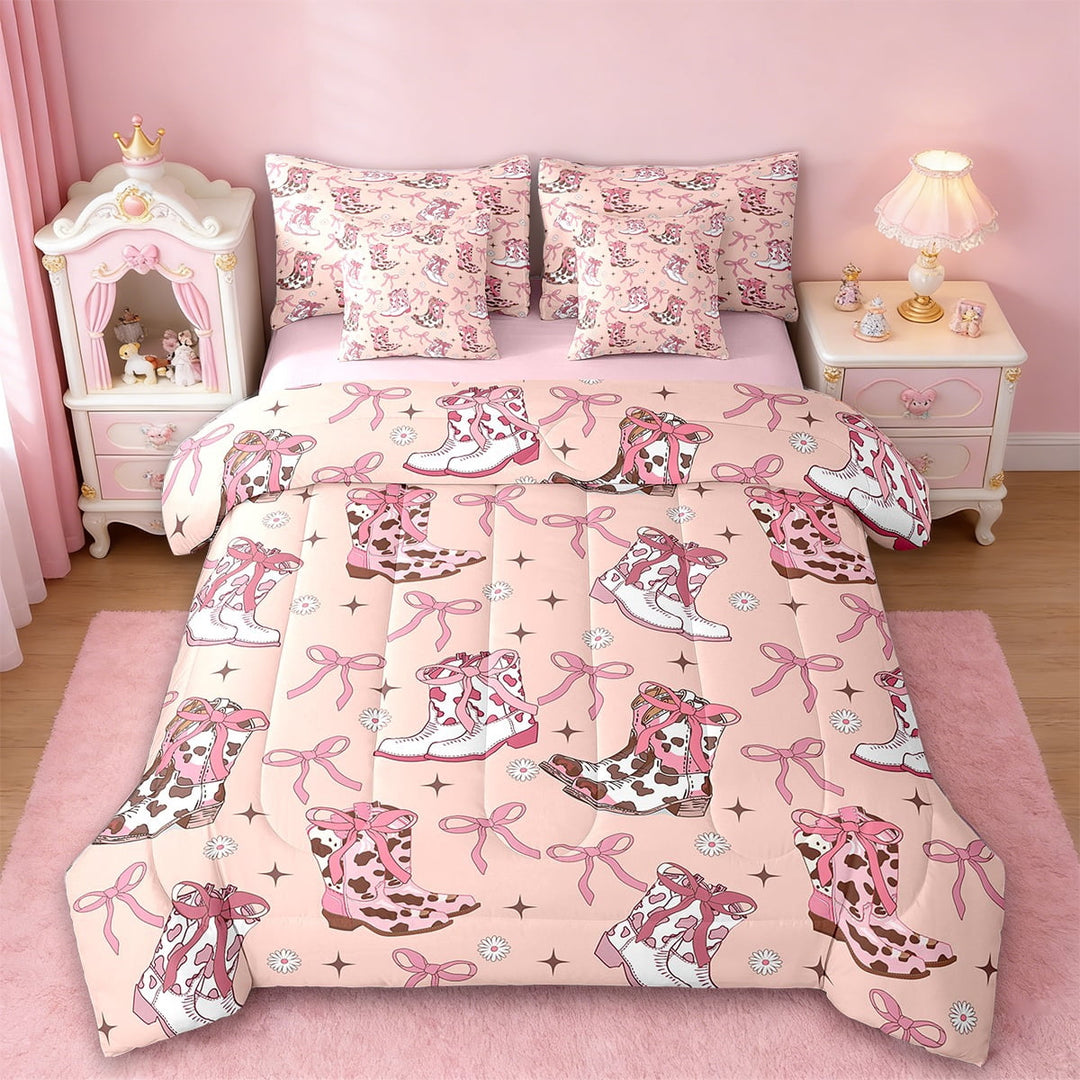Erosebridal Cute Bowknot Bedding Twin Size,Farmhouse Cowgirl Boots Comforter Sets with Sheets,Chic Botanical Flower Daisy Bedding Sets Twin Size,Ultra Soft Bedroom Decorative Reversible,7pcs