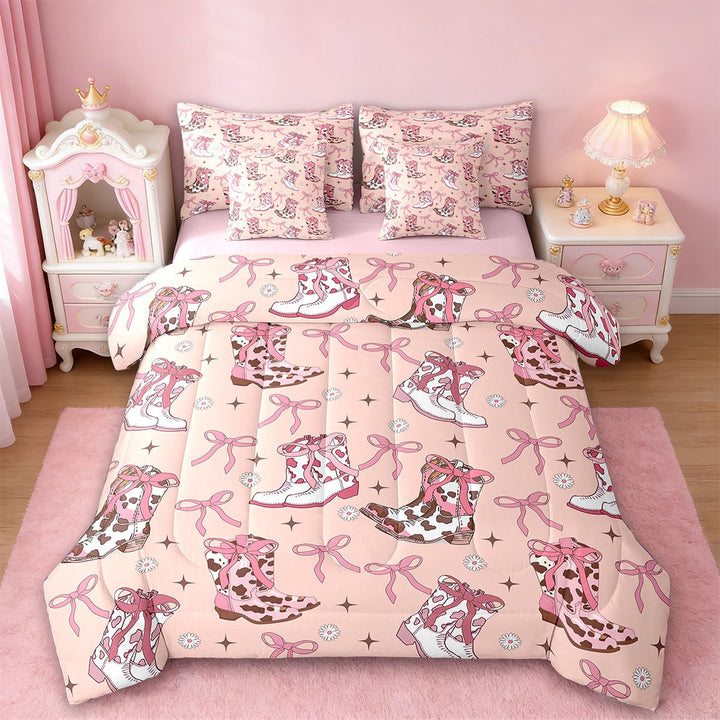 Erosebridal Cute Bowknot Bedding Twin Size,Farmhouse Cowgirl Boots Comforter Sets with Sheets,Chic Botanical Flower Daisy Bedding Sets Twin Size,Ultra Soft Bedroom Decorative Reversible,7pcs