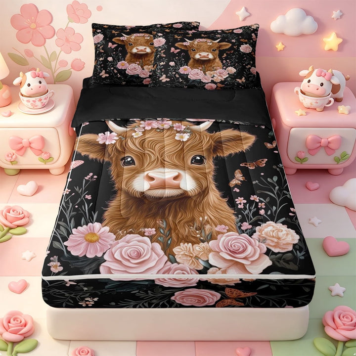 meiyoeat Highland Cow Floral Butterfly Pattern Zipper Twin Comforter Sets with Fitted Sheet and 2 Pillowcases,Farmhouse Floral Print Zipper Bedding Set For Boy,Black Reversible,4-Piece