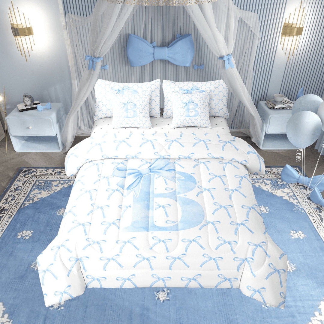 Erosebridal Letter Bow Bedding Sets Twin Size,Monogrammed Initial Comforter Sets with Sheets,Dreamy Room Decorative,Reversible,7pcs