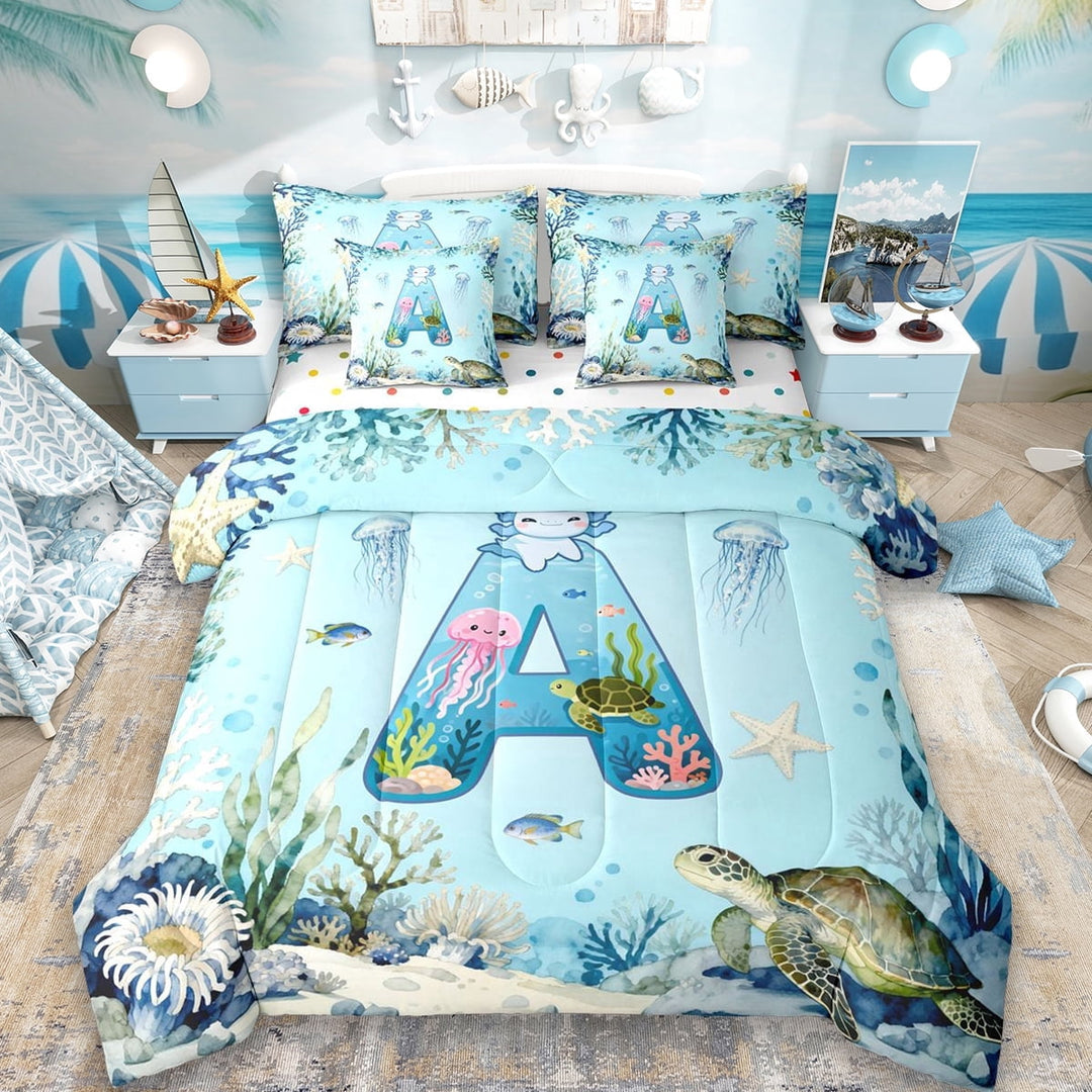 Erosebridal Letter A Monogrammed 7-Piece Twin Bedding Sets,Cute Axolotl Sea Animal Turtle Bedding Comforter Set For Kids Boys,Reversible