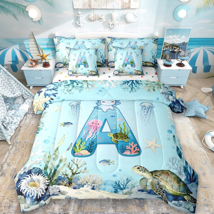 Erosebridal Letter A Monogrammed 7-Piece Twin Bedding Sets,Cute Axolotl Sea Animal Turtle Bedding Comforter Set For Kids Boys,Reversible