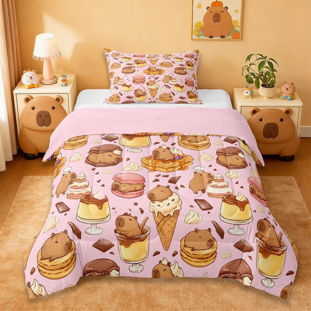 Erosebridal Capybara Twin Comforter Sets For Cartoon Rodent Animals,Sweet Dessert Ice Cream Bedding Set For Kids Girls ,Reversible Pink 2-Piece