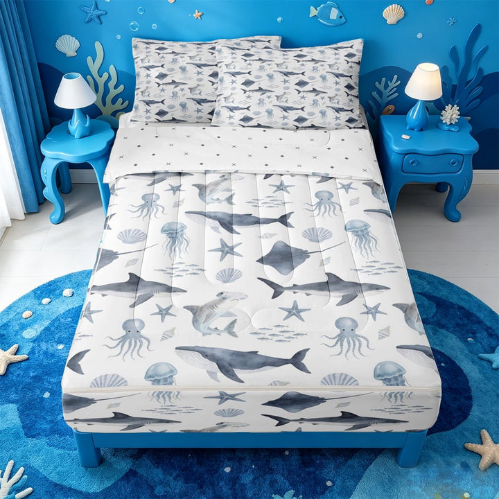 meiyoeat Soft Ocean Animal Zipper Twin Comforter Sets with Fitted Sheet and 2 Pillowcases For Boys,Shark Pattern Zipper Bedding Set,Reversible,4-Piece