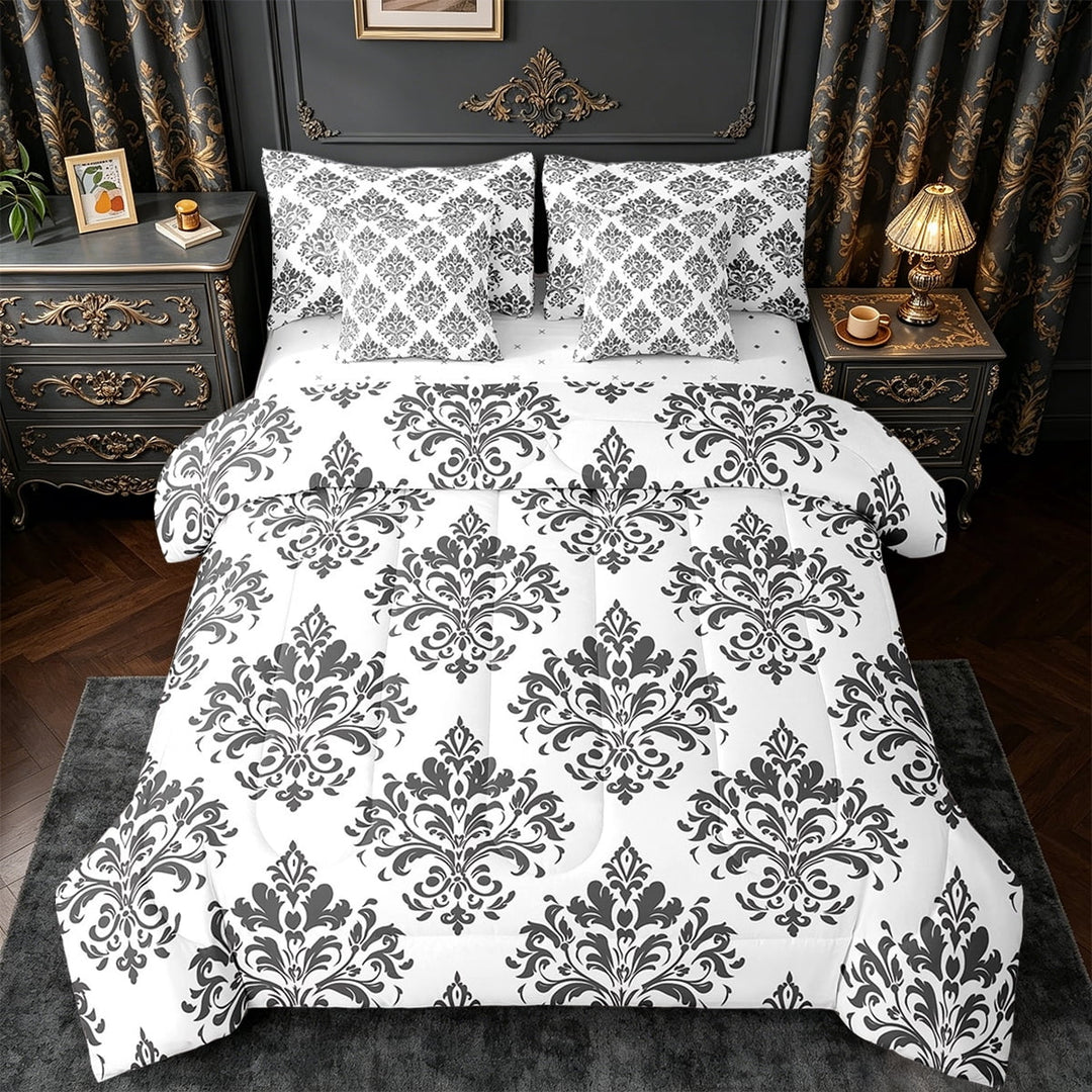 Erosebridal Baroque Gothic Print Bedding Sets Twin Size,Blue Boho Floral Comforter Sets with Sheets,White Gray Jacquard Bed in a Bag Twin Size,Super Cozy Room Decorative Reversible,7-Piece