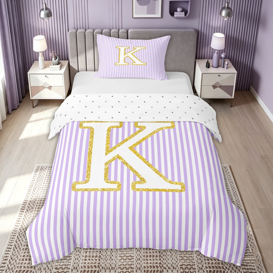 meiyoeat Gold K Monogram Bedding for Kids Girls Women, Purple Stripes Duvet Cover Full for Bedroom, Reversible, 3pcs