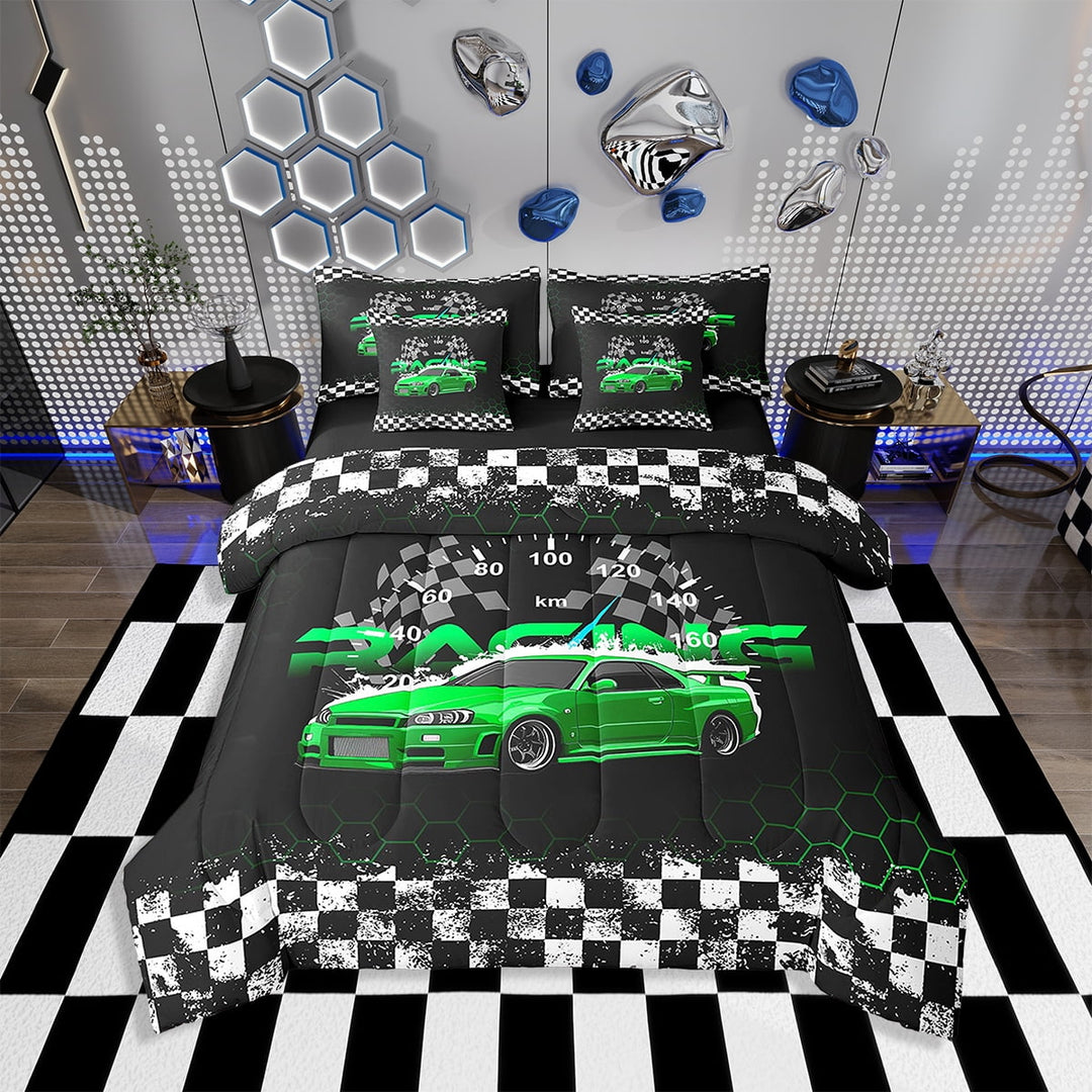 Erosebridal Green Race Car Comforter Set Twin Size 7 Pieces Comforters Sports Car Bedding Set Extreme Sport Games Bed Set Bed in a Bag with Comforter,Sheets,Pillowcases &amp; Cushion Covers