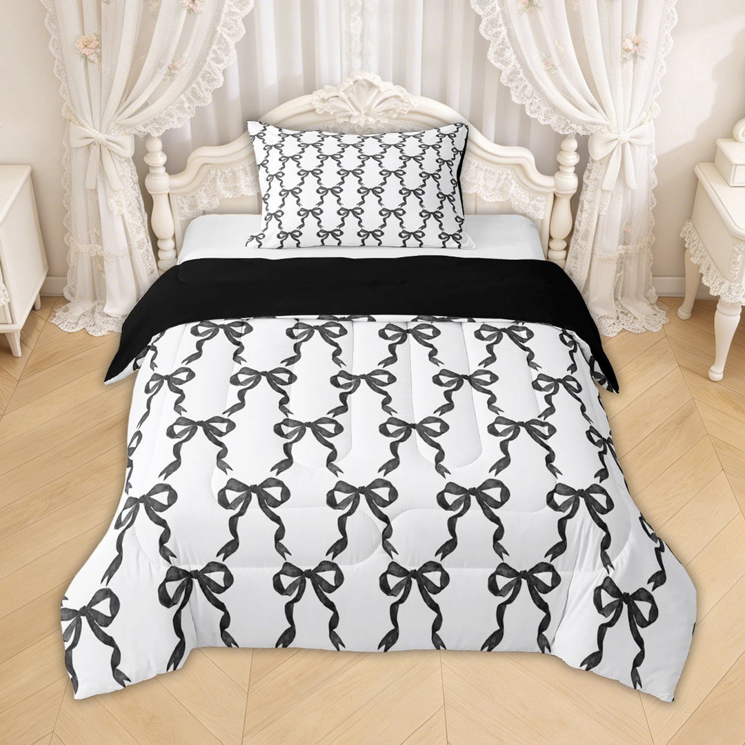 Erosebridal Black Bow Twin Comforter Sets for Girls, Cute Ribbon Stripes Bedding Set, Black Reversible, 2-Piece