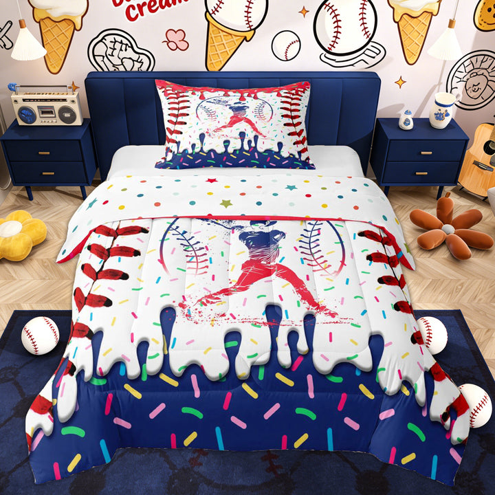 Erosebridal Kid Cartoon Baseball Twin Comforter Sets, Ice Cream Drip Bedding Set, Blue Red, 2 Pieces