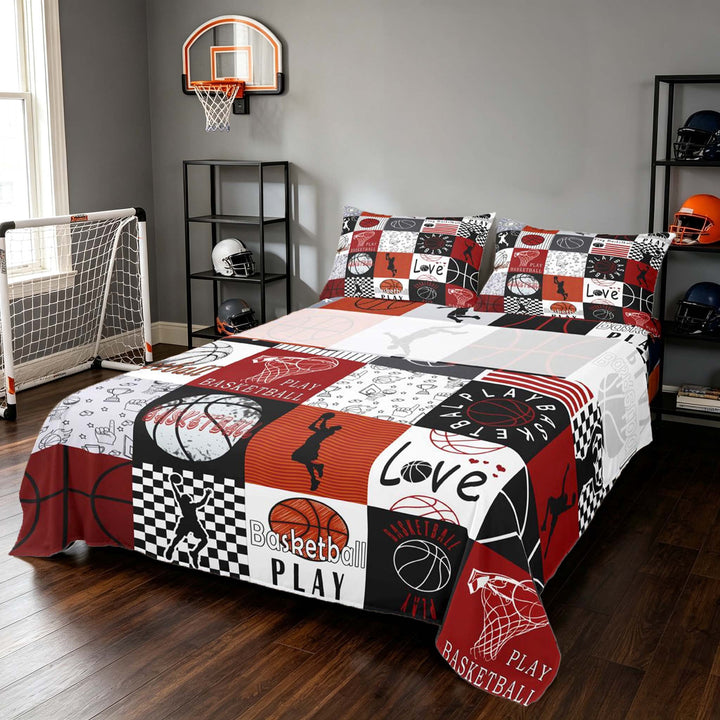 Manfei Boys Sport Bed Sheets, Basketball Checkered Full Size Sheets, Black Red 04 4pcs(1 Flat Sheet, 1 Fitted Sheet and 2 Pillowcases)