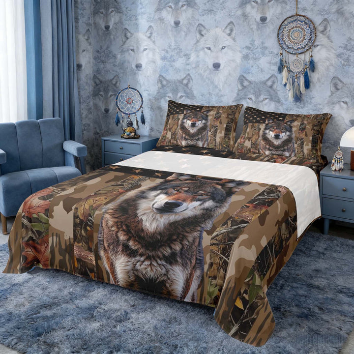 Erosebridal Camo US Flag Wolf Print Queen Sheet Sets, Patriotic Wildlife Bed Set for Men and Women, 1 Flat Sheet, 1 Fitted Sheet and 2 Pillowcases