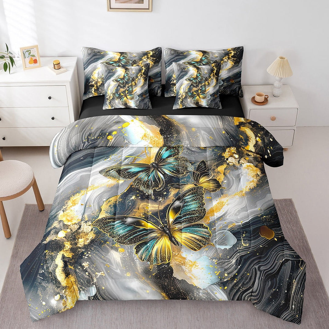 Black Marble Bed in a Bag Queen Comforter Set 7 Piece Teal Butterfly Bedding Sets,Gold Marbling Sheet Set Abstract Ombre Ink Fluid Art Bed Set,Rustic Animal Dreamy Butterflies Room Decor Aesthetic