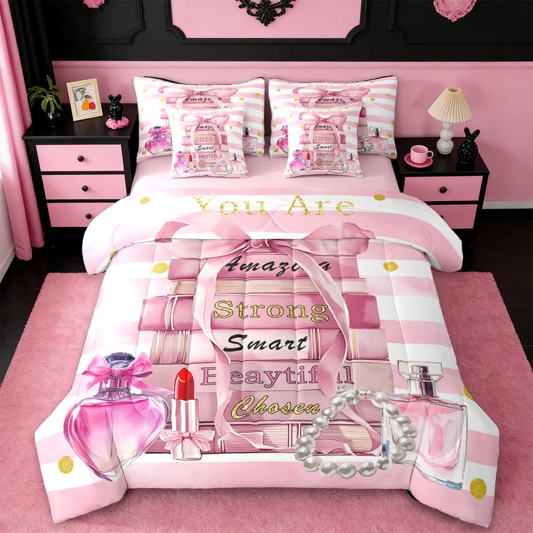 Manfei Girly Fashion Bow Twin Bedding Sets 7-Piece,Books Pearl Perfume Bedding Comforter Set,Pink White Lines Sheet Sets For Girls,Breathable Home Decor,Reversible
