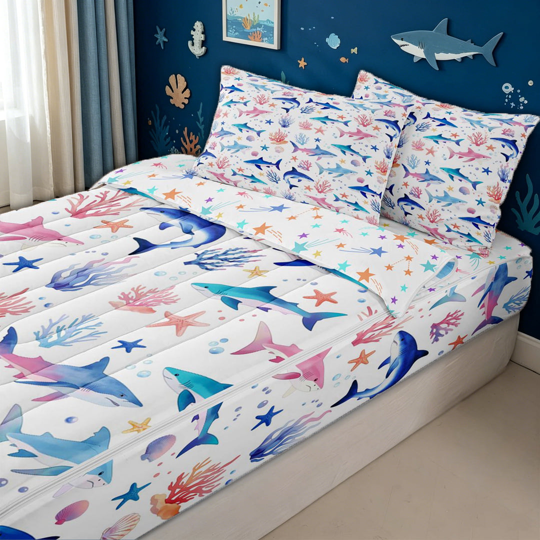 meiyoeat Watercolor Shark Zipper Full Size Comforter Sets with Fitted Sheet and 2 Pillowcases for Kids Girls, Coral Starfish Zipper Bedding Set for Bedroom, Multicolor, Colorful Star ReversibleG