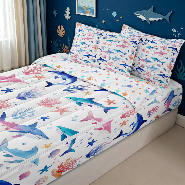 meiyoeat Watercolor Shark Zipper Full Size Comforter Sets with Fitted Sheet and 2 Pillowcases for Kids Girls, Coral Starfish Zipper Bedding Set for Bedroom, Multicolor, Colorful Star ReversibleG