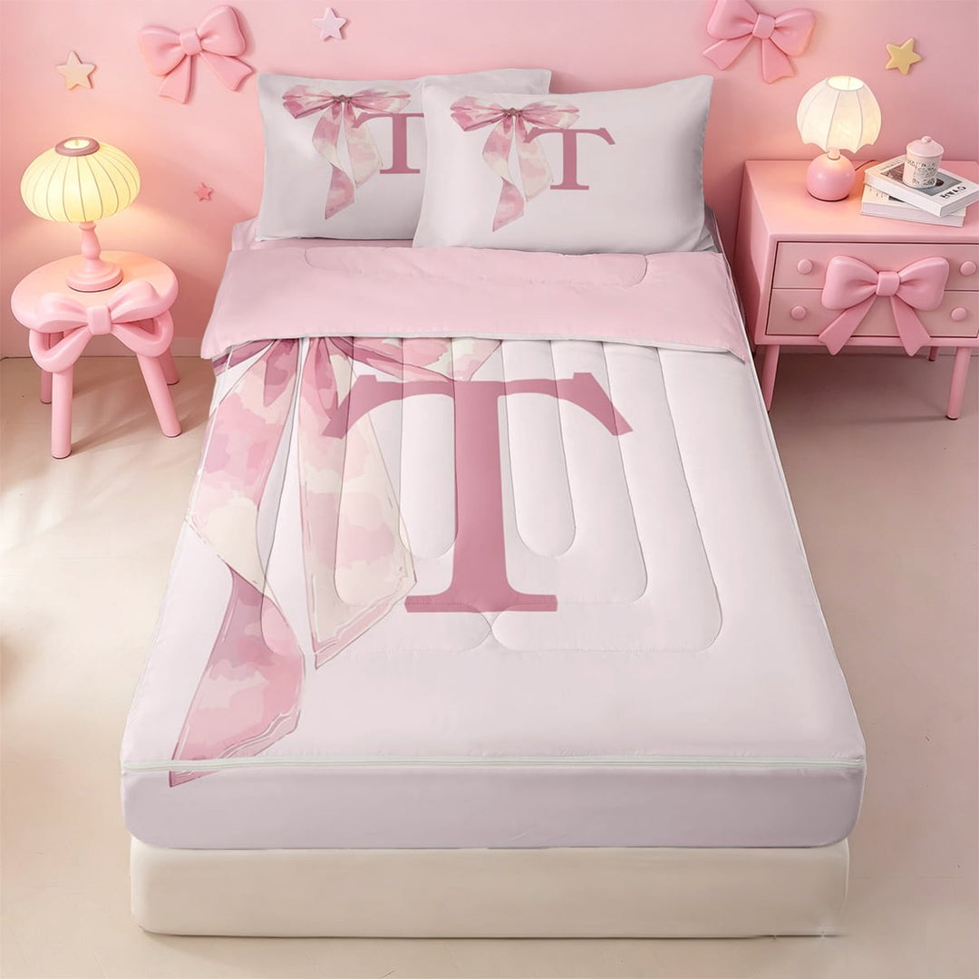 meiyoeat kawaii Bow Knot Zipper Twin Comforter Sets with Fitted Sheet and 2 Pillowcases,Watercolor Bow Initial T Design Zipper Bedding Set,Pink Reversible,4 Pieces