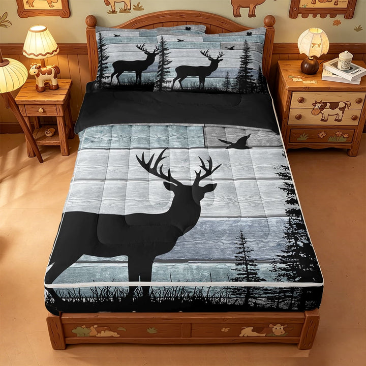 meiyoeat Jungle Animal Deer Zipper Full Size Comforter Sets with Fitted Sheet and 2 Pillowcases For Kids,Rustic Farmhouse Cabin Zipper Bedding Set For Boys,Black Reversible,4 Pieces