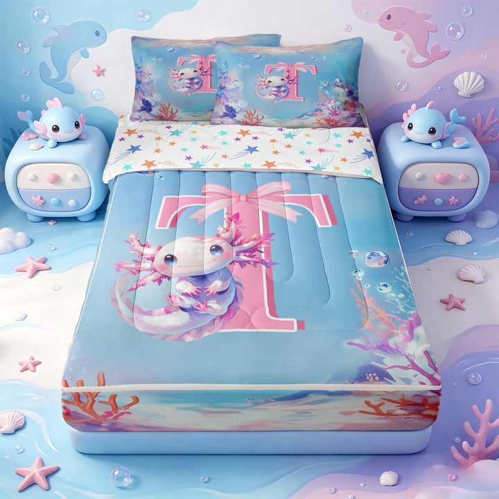 meiyoeat Watercolor Ocean Coral Zipper Twin Comforter Sets with Fitted Sheet and 2 Pillowcases,Pink Initial Letter T Zipper Bedding Set For Girls,Colorful Stars Reversible,4-Piece