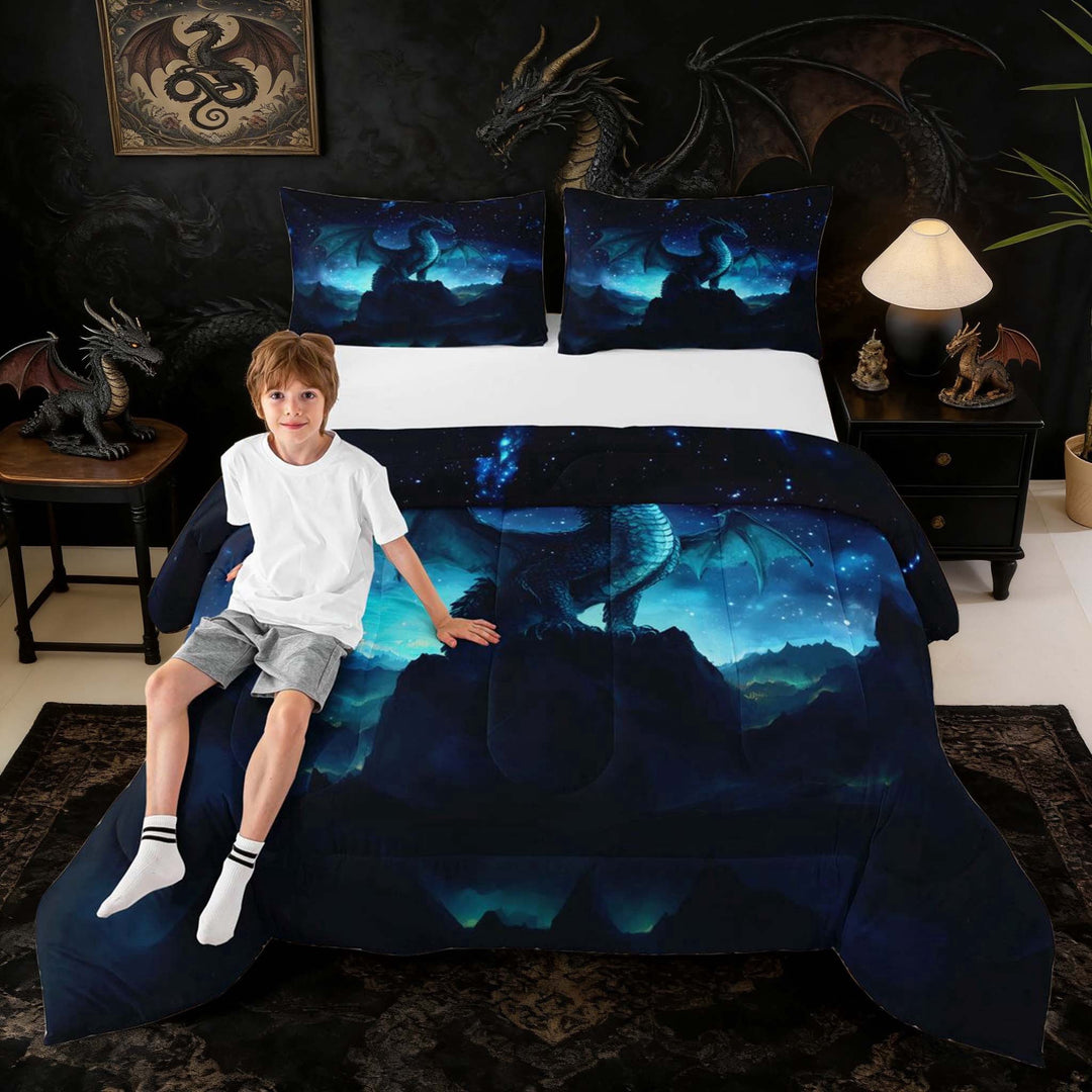 Erosebridal Celestial Starry Dragon Full Size Comforter Sets for Boys and Girls, Teal Blue Fantasy Bedding Sets, 3 Pieces 1 Comforter and 2 Pillowcases