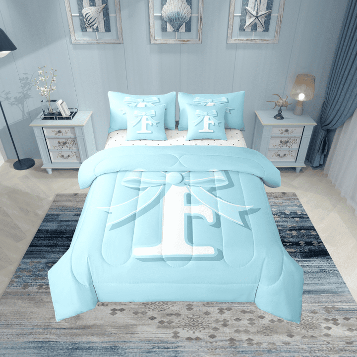 Erosebridal Monogrammed F Bedding Sets Twin Size, Initial Letter Comforter Sets with Sheets, Blue Bow Reversible Bed Set, Super Cozy Bedroom Decor, 7-Piece