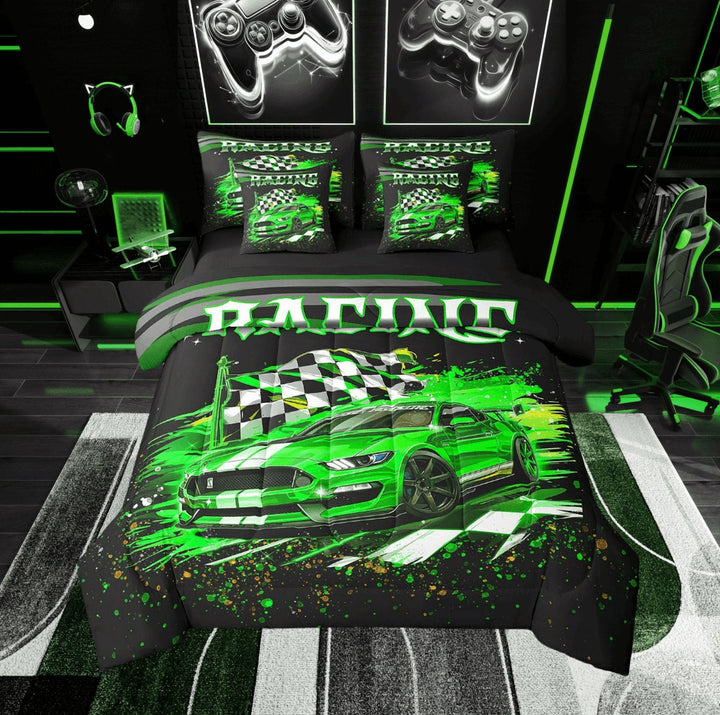 Green Race Car Comforter Set Twin 7 Piece Racing Car Bedding Set With Sheets For Teen Men,Black White Racing Checkered Flag Bed In A Bag Extreme Sports Theme Bed Set