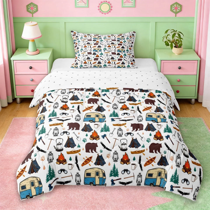 Erosebridal Kids Camping Themed Twin Comforter Sets,Jungle Wildlife Bear Bedding Set For Boys,Reversible,2-Piece