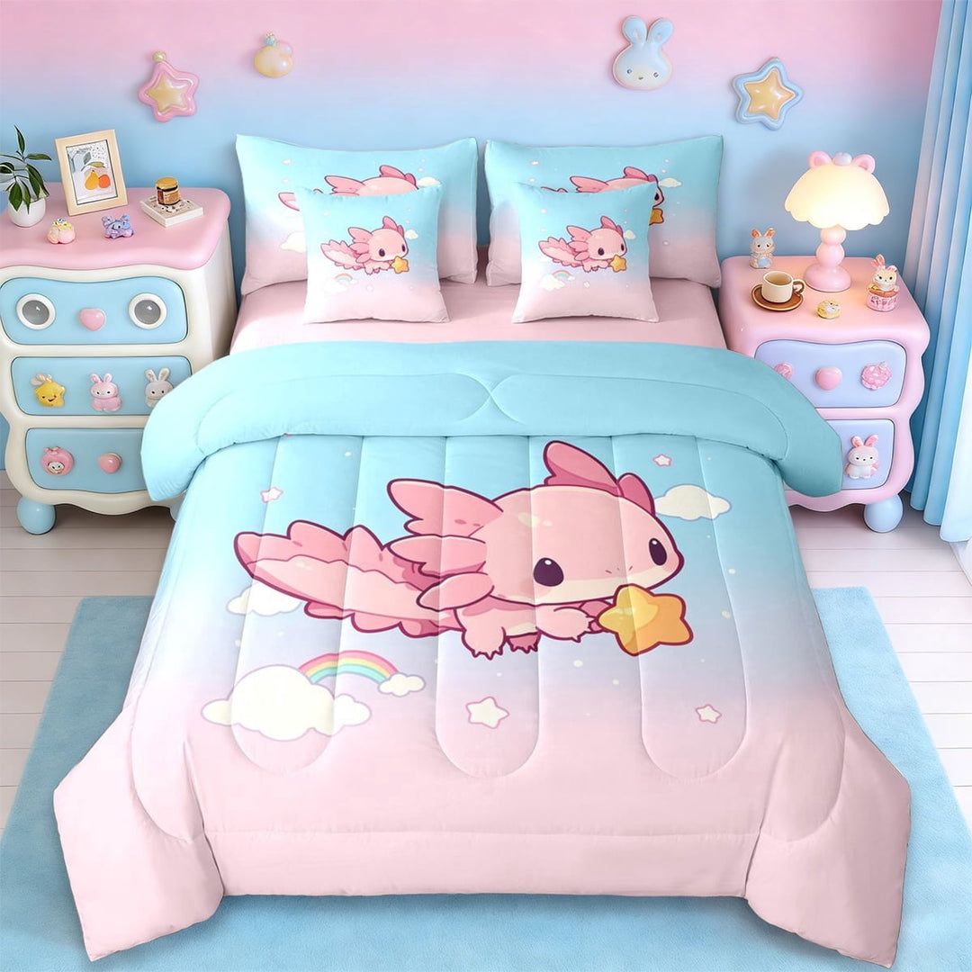 Erosebridal Cartoon Cute Axolotl 7-Piece Twin Bedding Sets,Kawaii Stars Print Bedding Comforter Set For Teens,Reversible