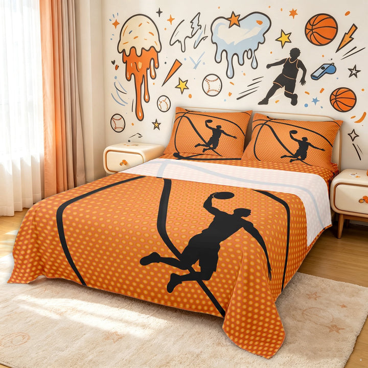 meiyoeat Sport Basketball Player Bed Sheets for Boys, Abstract Stripes Full Size Sheets, Orange Black, 4-Piece, 1 Flat Sheet, 1 Fitted Sheet and 2 Pillowcases