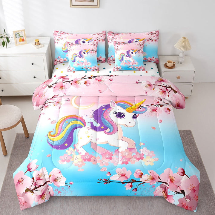 Unicorn Comforter Set 7 Piece Bed in a Bag Twin,Dreamy Horse Cartoon Animal Bedding Sets Gradient Teal Pink Cherry Blossom Flowers Sheet Set with Comforter