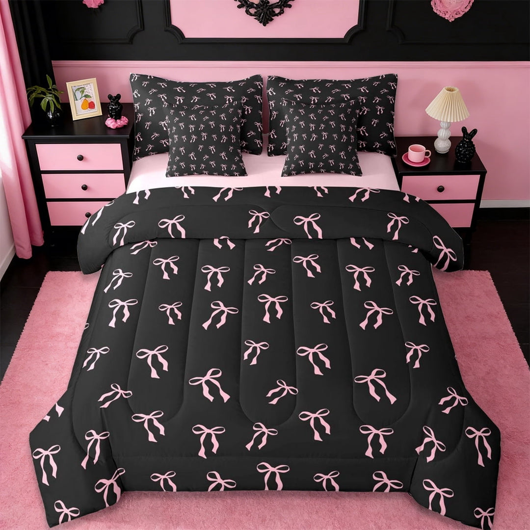 Erosebridal Ribbon Bow 7-Piece Twin Bedding Sets For Girls Teens,Pink Girly Bowknot Bedding Comforter Set,Reversible