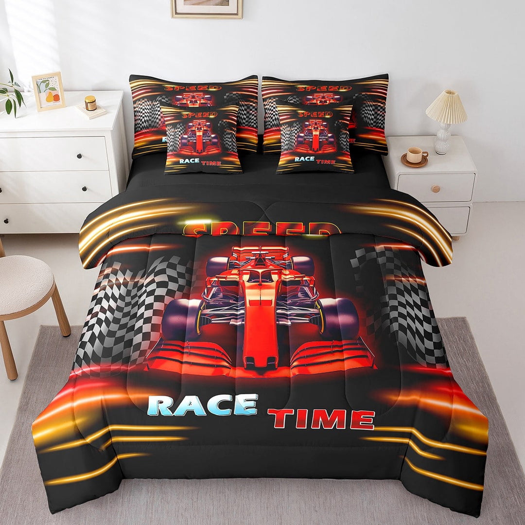 Erosebridal Racing Car Bedding Sets Twin Size,Geometric Plaid Comforter Sets with Sheets,Red Yellow Bed in a Bag Twin size,Super Cozy Sport Bedroom Decorative,Reversible,7pcs