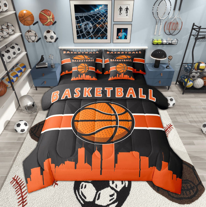 Erosebridal Sport Bed in a Bag 7pcs Basketball Bedding Comforter Sets Teens Adults, Black Orange Queen Bedding Sets Gamer Game Comforter Set