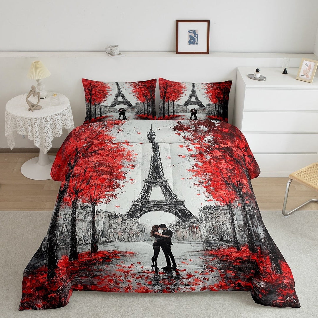 Erosebridal Paris Bedding Set King Size Red Grey Eiffel Tower Comforter Set for Teens Bedroom Decor Watercolor Cherry Blossoms Comforter Couple Retro Grey Building Quilt Comforter 2 Pillow