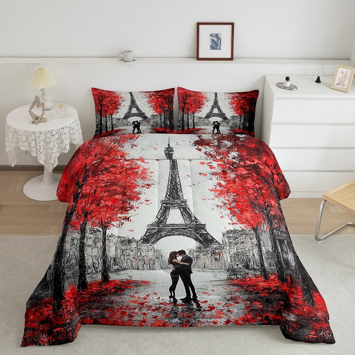 Erosebridal Paris Bedding Set King Size Red Grey Eiffel Tower Comforter Set for Teens Bedroom Decor Watercolor Cherry Blossoms Comforter Couple Retro Grey Building Quilt Comforter 2 Pillow
