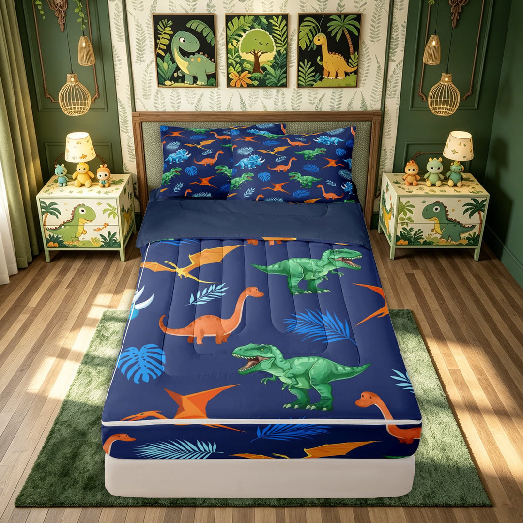 meiyoeat Jungle T-rex Dinosaur Zipper Comforter Set with Fitted Sheet and 2 Pillowcases for Kids Bedding, Tropical Palm Dino Zipper Bedding Set, Navy, Blue Reversible, 3 Pieces