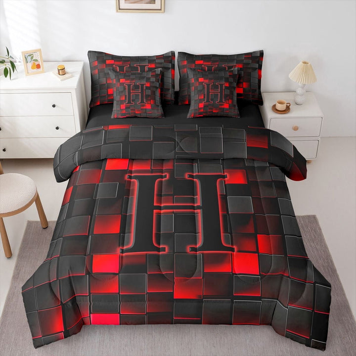 Erosebridal Personalized Initial H Twin Bedding Sets 7-Piece For Teens Adults,Boys Girls Geometric Plaid Bedding Comforter Set,Black Reversible