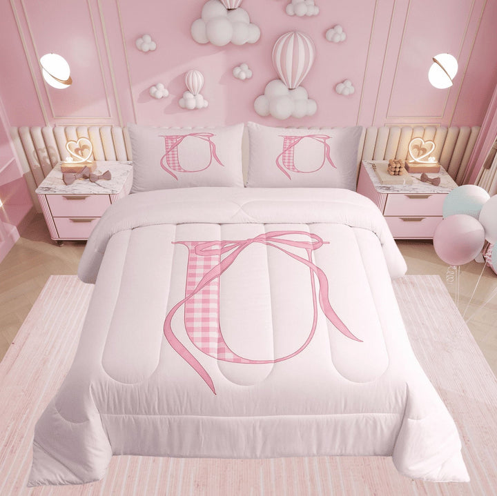 Erosebridal Cartoon Initial U Bedding Sets Twin with Comforter, Kawaii Ribbon Duvet Insert, Teens Princess Decor, Breathable