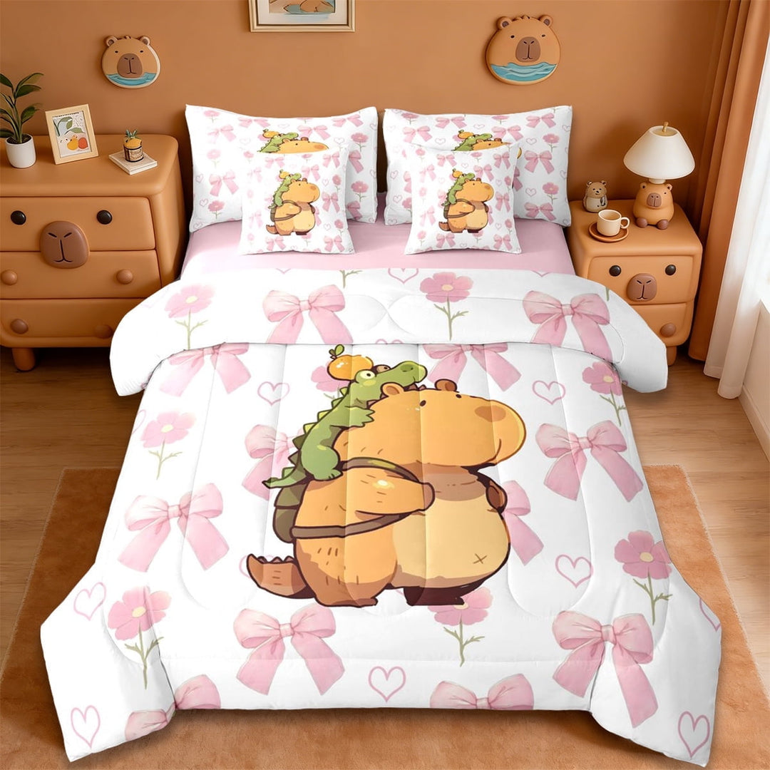 Erosebridal Cute Animal Capybara 7-Piece Twin Bedding Sets For Capybara Lover,Cartoon Bowtie Green Crocodile Bedding Comforter Set For Girls Kids ,Reversible Pink