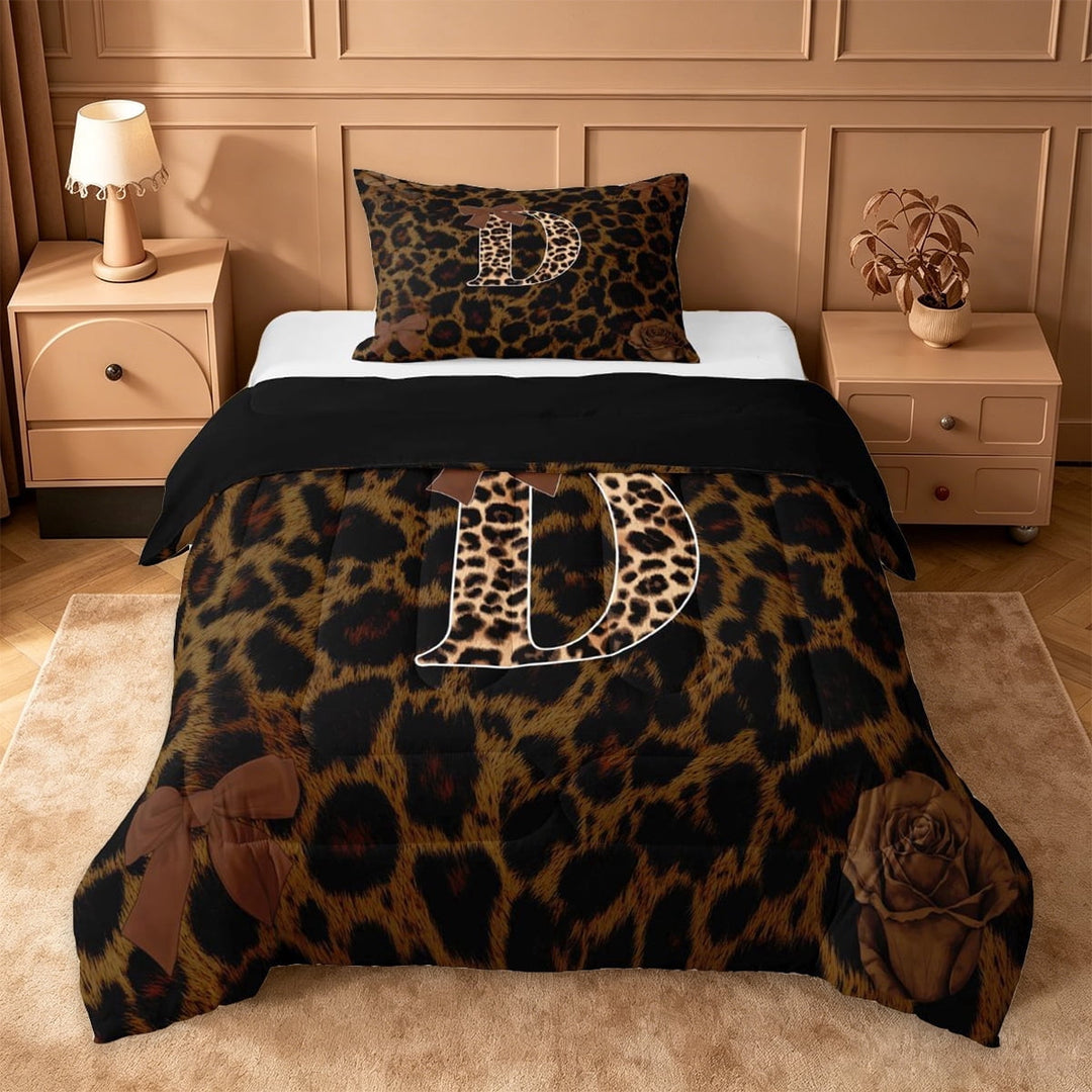 Erosebridal Leopard Pattern Personalized Gifts Twin Comforter Sets For Girls,Brown Bows Alphabet D Bedding Set,Black Reversible,2-Piece