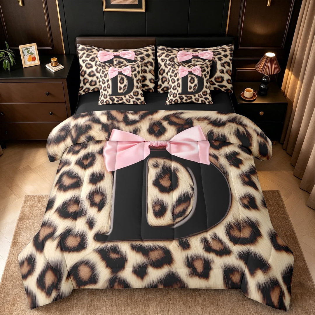 Erosebridal Leopard Animal Print 7-Piece Twin Bedding Sets For Girls,Black Letter D Personalized Initial Kids Bedding Comforter Set,Black Reversible