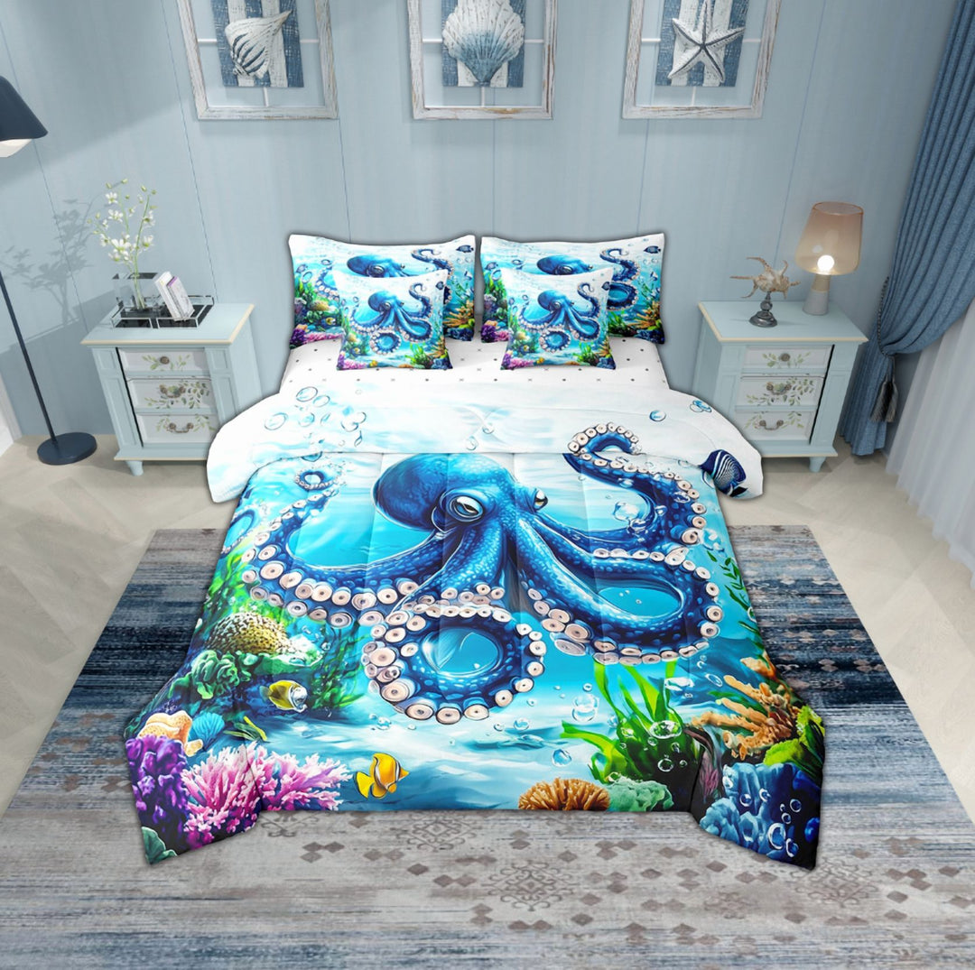Erosebridal Blue Octopus Bedding Sets Twin Size,Underwater World Comforter Sets with Sheets,Ultra Soft Bed in a Bag Twin size,Teen Bedroom Decor,7pcs