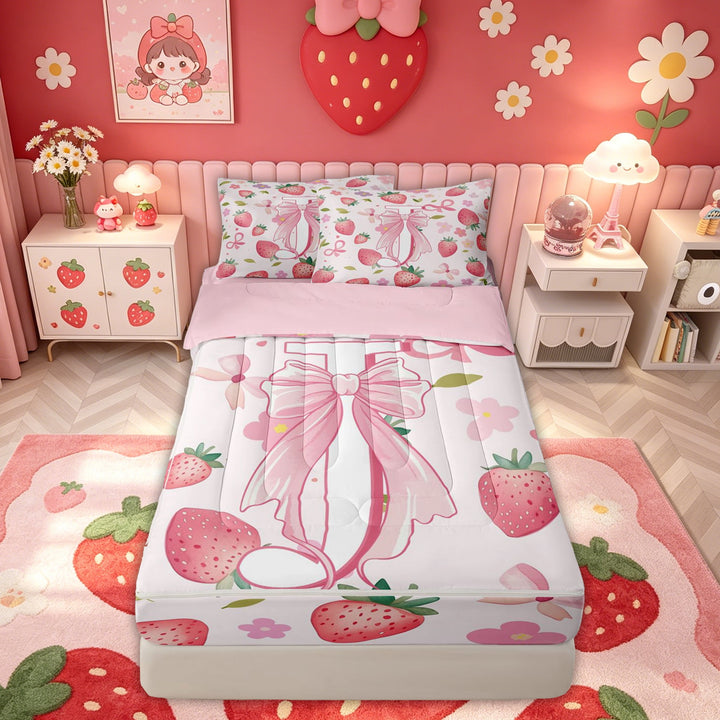 meiyoeat Strawberry Letter J Zipper Comforter Set with Fitted Sheet and 2 Pillowcases, Kawaii Bowknot Zipper Bedding Set for Kids Girls, Pink, Pink Reversible, 3 Pieces