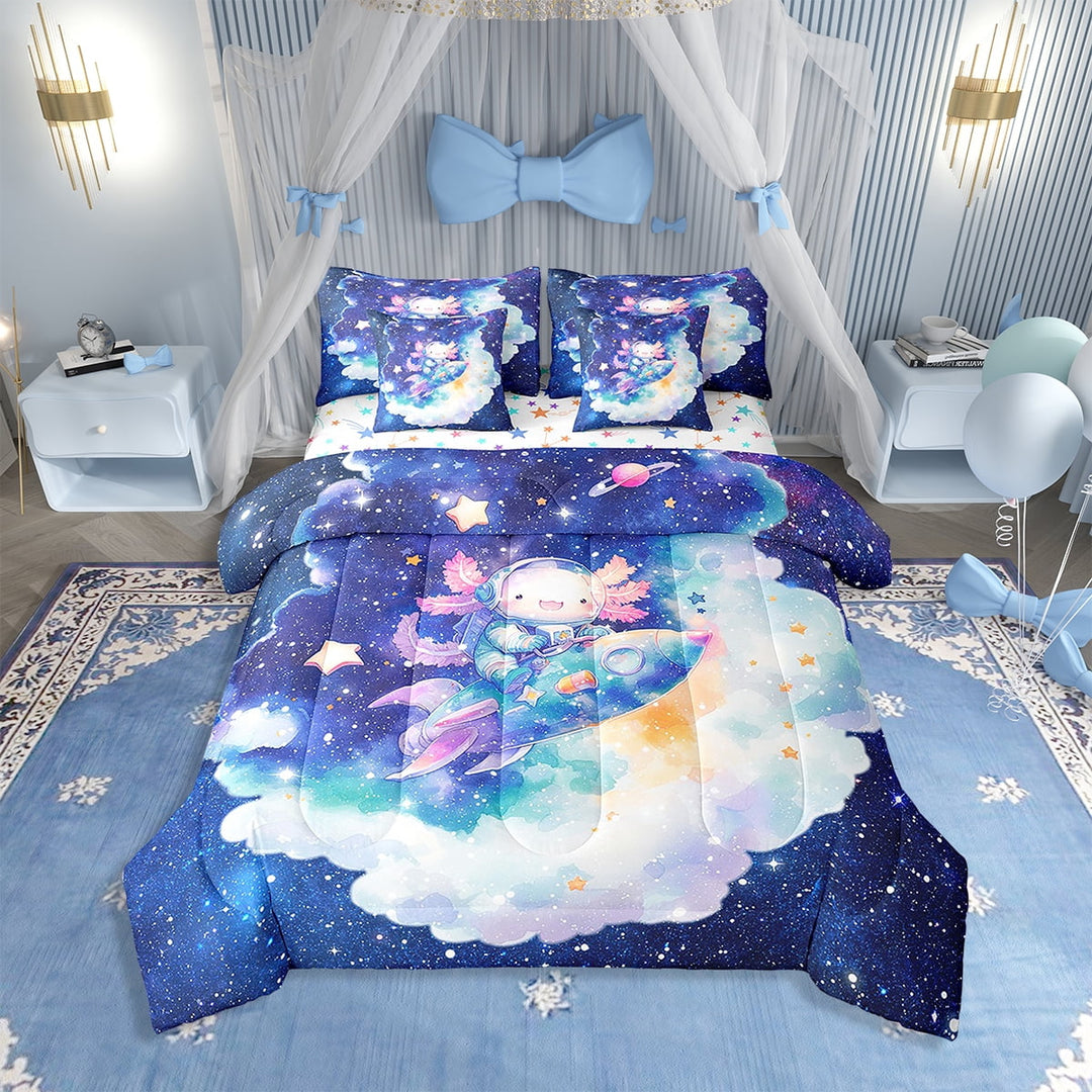 Erosebridal Pink Axolotl Comforter Set with Sheets Kawaii Sea Animal Bed in a Bag Bedroom Bed Decor Cute Sea Creature 7 Piece Bedding Set Twin Size Soft Cute Salamander Bed Set