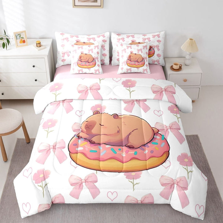 Erosebridal Capybara Lover 7-Piece Twin Bedding Sets,Cartoon Mouse 3D Pink Doughnut Bedding Comforter Set For Girls Kids ,Reversible Pink