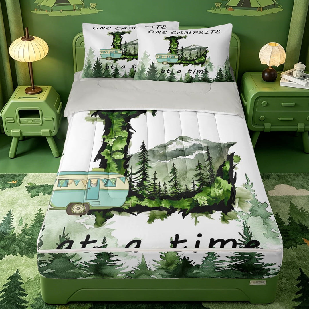 meiyoeat Kids Travel Adventure Camper Zipper Twin Comforter Sets with Fitted Sheet and 2 Pillowcases For Boys,Initial Letter L Zipper Bedding Set,Light Gray Reversible,4-Piece