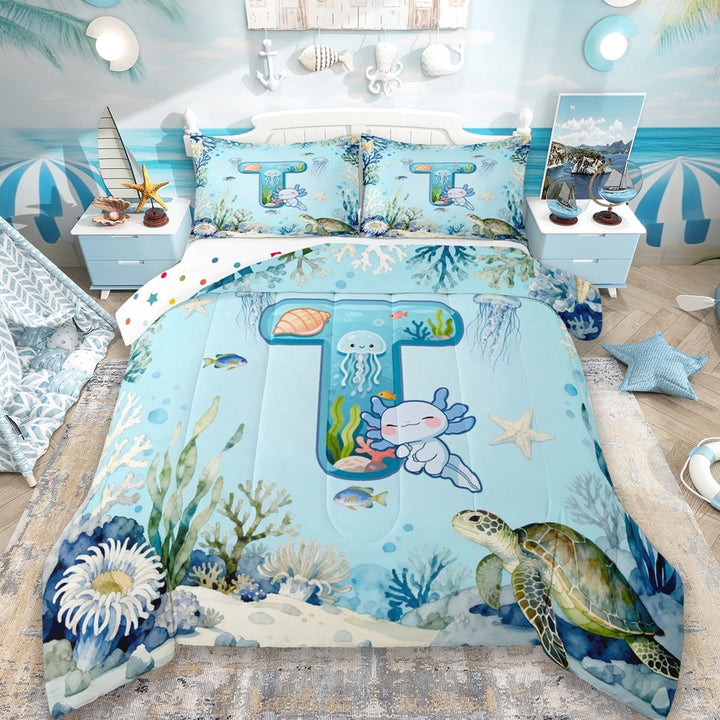 Erosebridal Cute Axolotl Kids Full Size Comforter Sets,Ocean Theme T Alphabet Bedding Sets For Boys,Reversible 3 Pieces