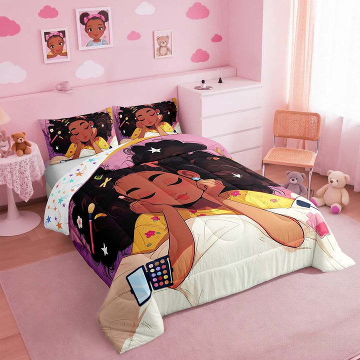 Erosebridal Black Cute Comforter Sets,American African Bedding Set Full Size Black Princess Bed Comforter Set Reversible Colorful Stars Quilt Set 2 Pillow Cases