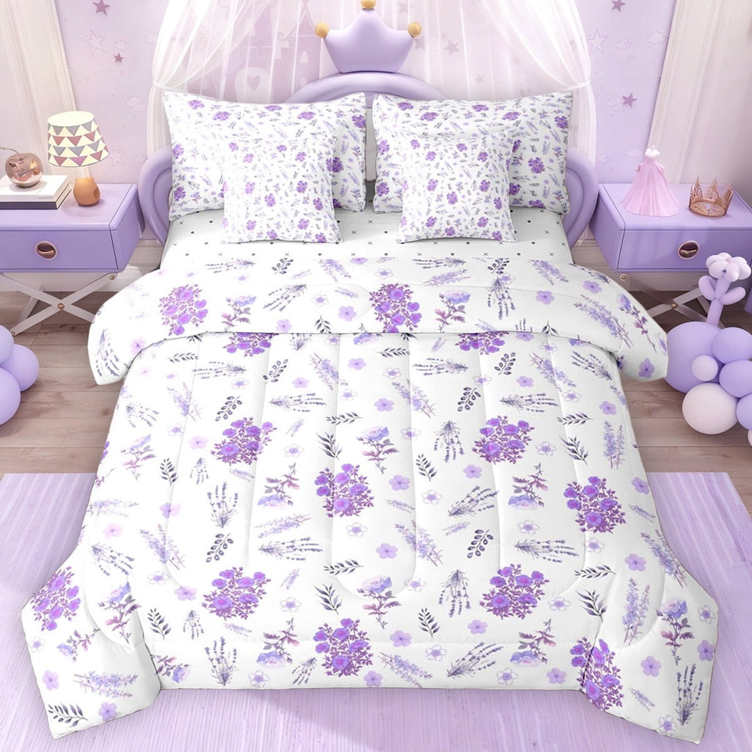 Erosebridal Cute Purple Blossoms Twin Bedding Sets for Girls, Chic Floral Flower Bedding Comforter Set, Reversible, 7pcs