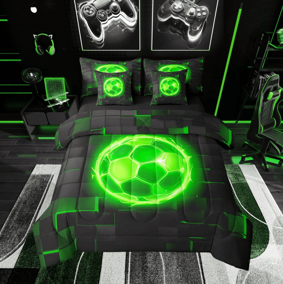Green Soccer Twin Comforter Set - Neon 3D Grid 7 Piece Bedding All Season Includes Comforter, Sheets &amp; Pillow Cover Sports Game Bed Set Super Soft Microfiber